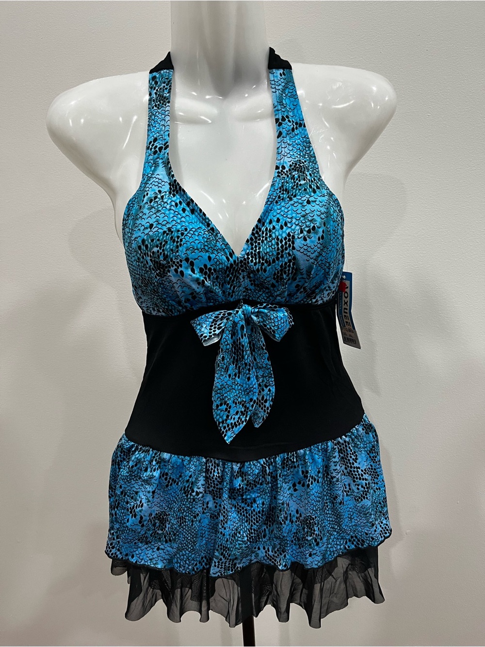 Y2K Blue Snake-Print Halter Swimdress with Black Waist